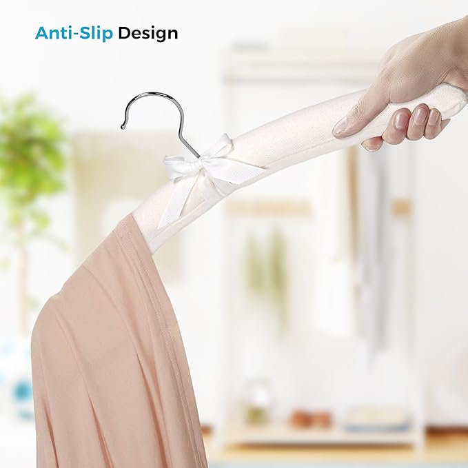 JS HANGER Padded Hangers - 17 Inch Extra Large Heavy Duty Cotton Covered Coat Hangers No Shoulder Bump for Women Clothes, Sweaters, Dresses, Clothing, Weddings, Lingerie Pack of 10, Cream White