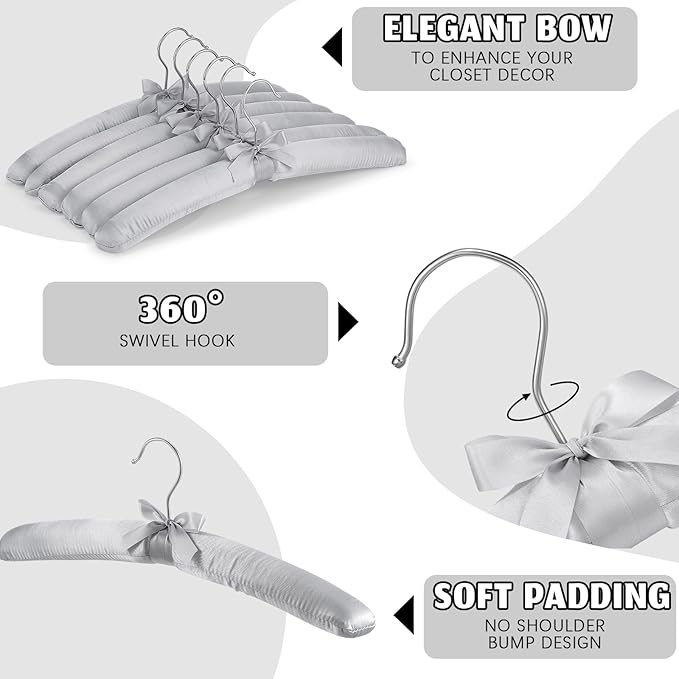Jetec 24 Pieces Satin Padded Hangers with 360° Swiveling Hook Sponge Shoulder Pads Hanger for Coat, Sweaters, Blouse, Wedding Dress, Women Cloths (Grey)