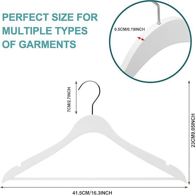 20 Luxury Slim Space Saving Wooden Clothes Hanger with Squared Pant Bar Best for Shirts, Blouses, Pant, Dress, Hangers White (White - Shirt with Pant Bar, 20)