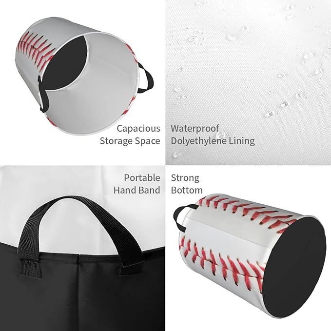 Dujiea Baseball Laundry Basket Round with Handle, Collapsible Foldable Canvas Storage Bin Dirty Clothes Bag for Laundry/Toys Organizer/College Dorm/Nursery/Decor(2 Sizes)