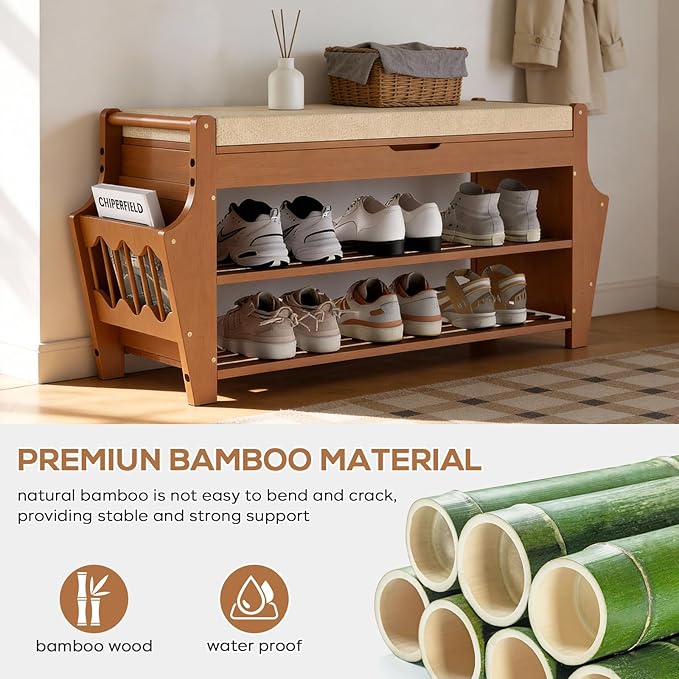 34.3in Shoe Bench, Bamboo 3-Tier Entryway Bench with Storage, Shoe Rack Organizer Holds Up to 330 lb, 34.3 x 11.8 x 18.9 Inches for Entryway Bedroom Closet Living Room Hallway