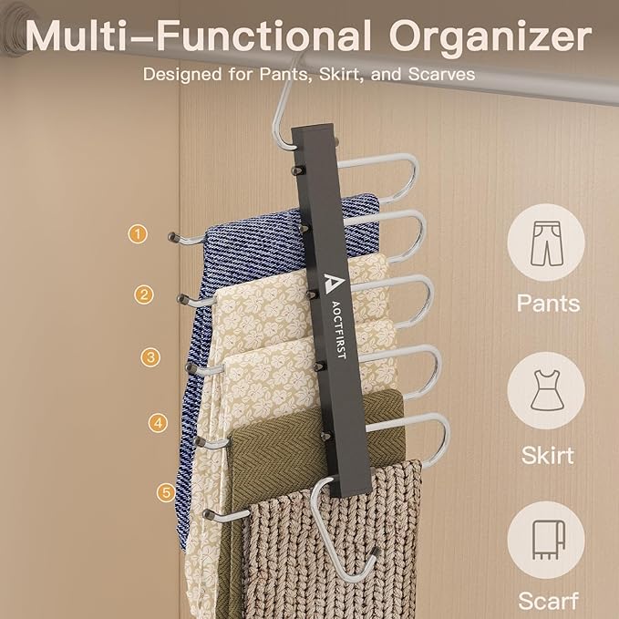 4 Pack Pants Hangers Space Saving - Closet Organizer and Storage Jean Hangers, Stainless Steel Clothes Hanger Scarf Holder for Pants Jeans Leggings Trousers Pant Rack, Black