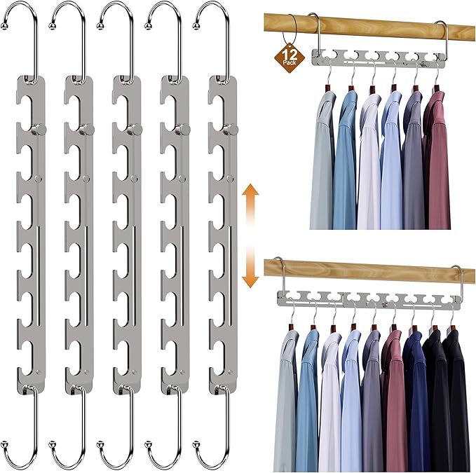 12 Pack Space Saver Hangers for Clothes, 6 Holes Expandable to 9 Holes 304 Stainless Steel Heavy Duty Multi Hangers Space Saving for Closet Bedroom Dormitory RV Outdoors