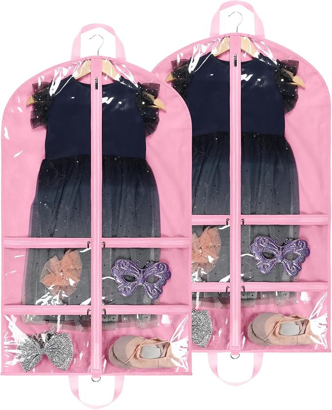 KEEGH Clear Garment Bags for Dance Costumes 40 inch Dance Garment Bags for Dancers Hanging Clothes for Closet Storage, with 4 Zipper Pockets for Dance Competitions, Ballet, Theatre, 2 Pack, Pink