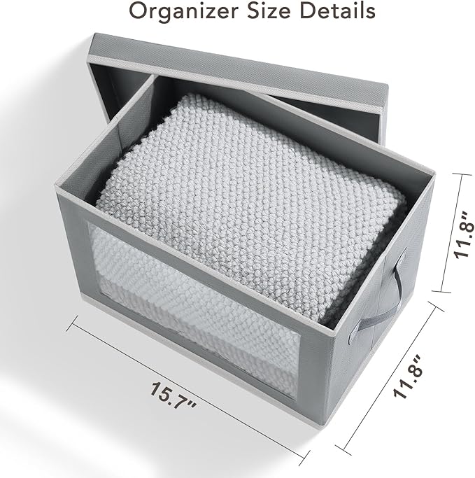 Large Storage Baskets with Lids - Stackable Cube Bins for Closet, 6 Pack Grey Windows Organizer Bins, Home Organizers and Storage for Clothes, CD, Towels