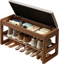 AQIMUELE Shoe Rack Bench,2 Tiers Shoe Bench with Storage with Flip-Top,Wood Shoe Rack for Entryway,Hallway（Walnut Upholstered Seat）