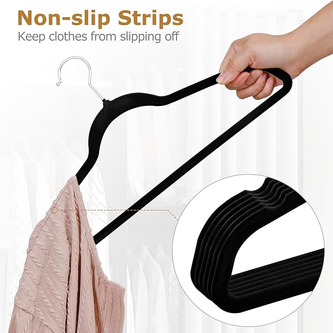 ZENY Velvet Hangers 100 Pack, Non-Slip Clothes Hangers, Suit Hangers with Shoulder Notches, Pants Bar, 360° Swivel Hook, Space-Saving, for Closet (Black)