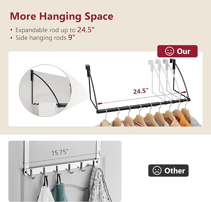 Tajsoon Over The Door Hanger Expandable & Adjustable, Over Door Clothes Hanger Rack for Towel & Coat, Bathroom Over Door Clothes Rack Hooks for Bedroom, Washroom, Fits Doors up to 1¾”, Metal, Black