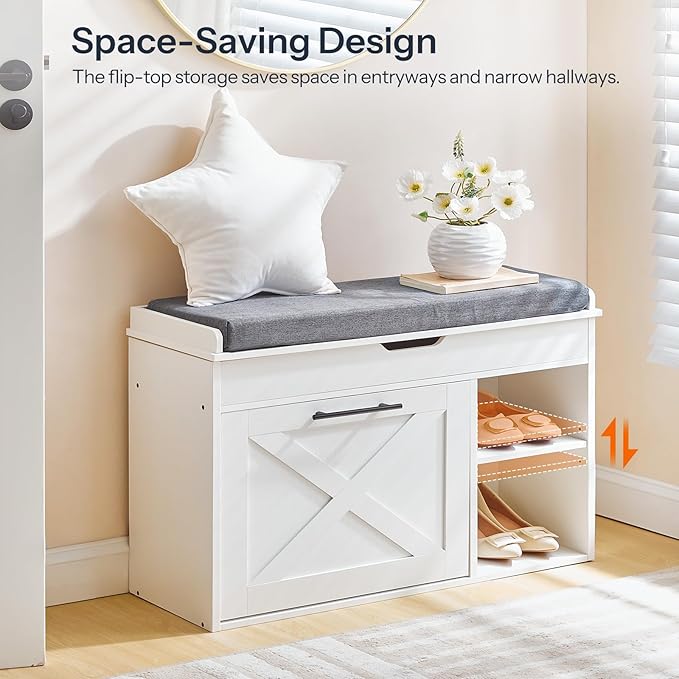 HOOBRO Shoe Storage Bench with Flip Drawer, 31.5" L Entryway Bench with Flip-Open Storage Box, Wooden Shoe Organizer with Padded Seat Cushion, Adjustable Shelf, for Hallway, WG55HX01