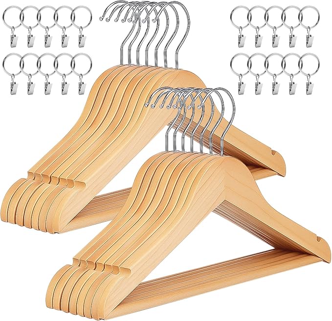 20 Pack Wooden Baby Hangers Wood Kids Hangers with Ring Clips for Closet Children Clothes Hangers with Pants Bar Shoulder Notches Swivel Hooks,12.5X 7.5 Inches
