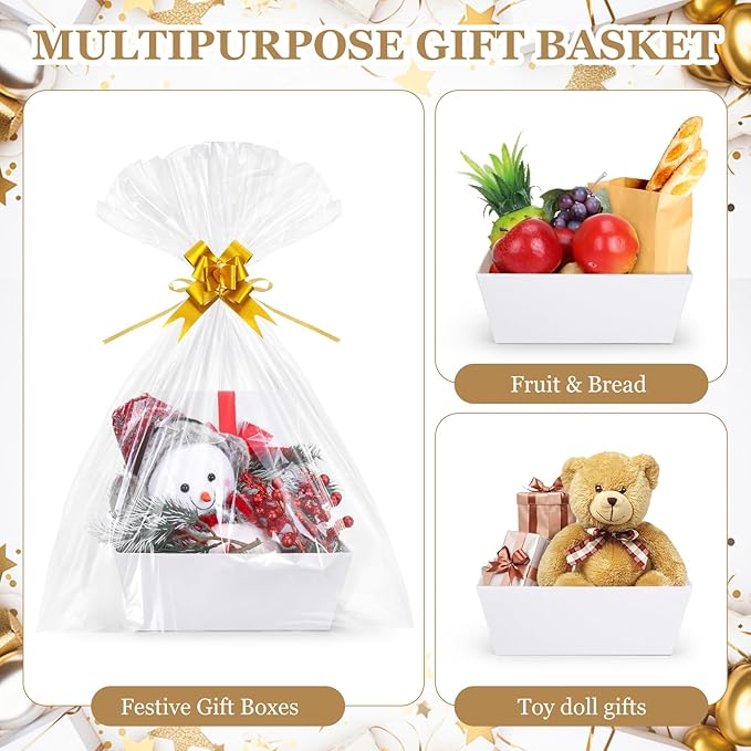 AFOROEOA 10PACK Baskets For Gifts Empty, 10 x 8”Thick White Gift Basket with 10 Clear Gift Bags and 10 Pull Bows, Empty Gift Baskets for Christmas, Thanksgiving Wedding Birthday Party Wrapping Gift