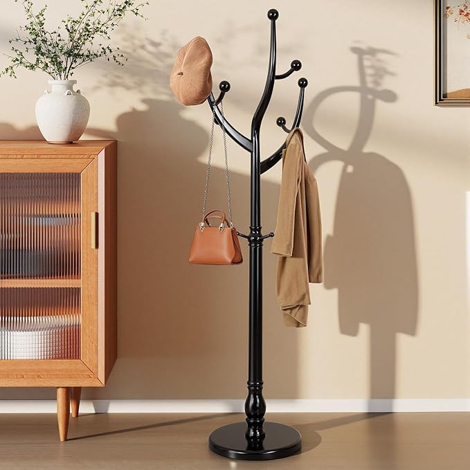 Freestanding Rubberwood Coat Rack, 11 Hooks & 16.5" Wide Round Base, Wooden Coat Rack Stand, Coat Hanger Free Standing Hall Tree for Entryway, Hallway, Bedroom, Jacket, Clothes (Black)