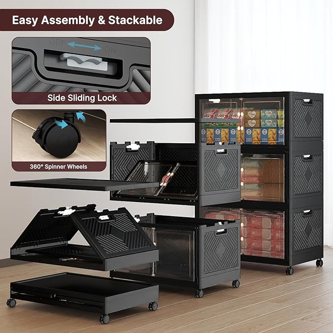 Extra Large Stackable Storage Bins, Lockable Storage Bins with Lids, Folding Storage box with Doors and Wheels, Collapsible Plastic Drawers for Home, Garage, Office (3, Black, Large)