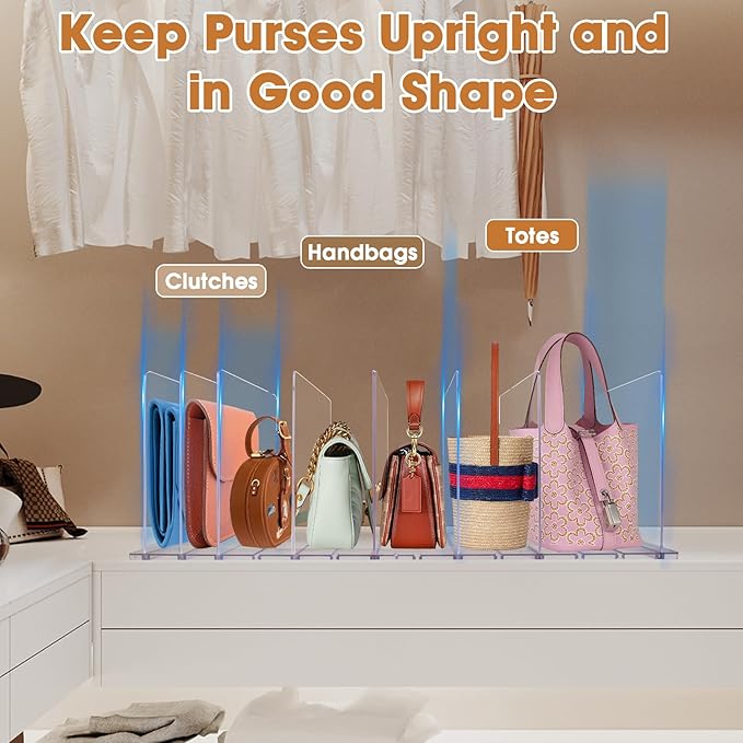 Purse Organizer for Closet, Clear Acrylic Clutch Bag Organizer, Adjustable Shelf Divider for Closet Organizers and Storage, Detachable Handbag Separators Dividers Rack for Bedroom Bathroom Office
