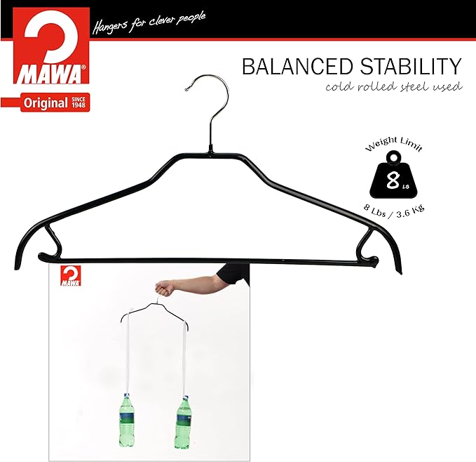 Mawa by Reston Lloyd Silhouette Series Non-Slip Space Saving Clothes Hanger with Bar & Hook for Pants and Skirts, Style 41/FRS, Set of 12, Black