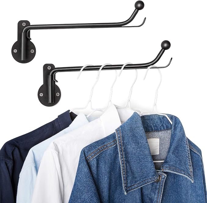 Mkono Wall Mounted Drying Rack Laundry Clothes Hanger with Swing Arm Space Saving Metal Hanging Valet Rod for Laundry Closet Organizer Bathroom Bedroom, 2 Pack, Black