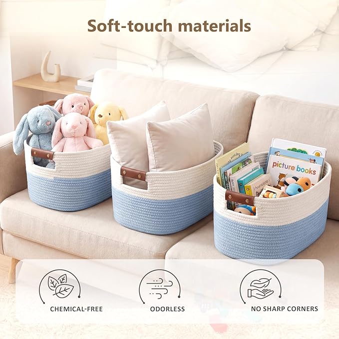 Cotton Rope Basket, Storage Baskets with Handle, 15x10x9 Inch Woven Basket for Shelves, Laundry, Towels, Clothes, Books (White/Blue 3Pack)