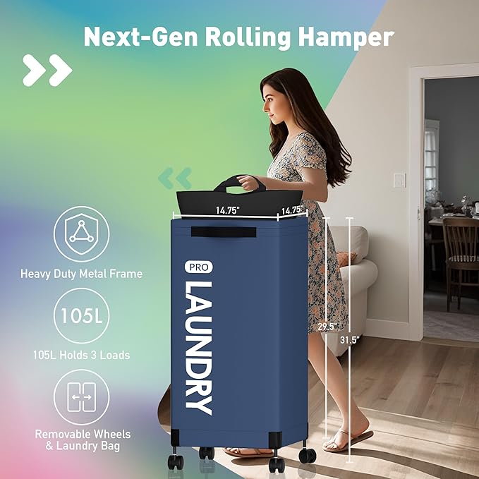 Caroeas Next-Gen 105L Matel Frame Laundry Basket with wheels, Heavy Duty Tall Rolling Laundry Hamper with Removable Wash Bag, Collapsible Freestanding Clothes Hamper (105L,Navy Blue,1Pack)