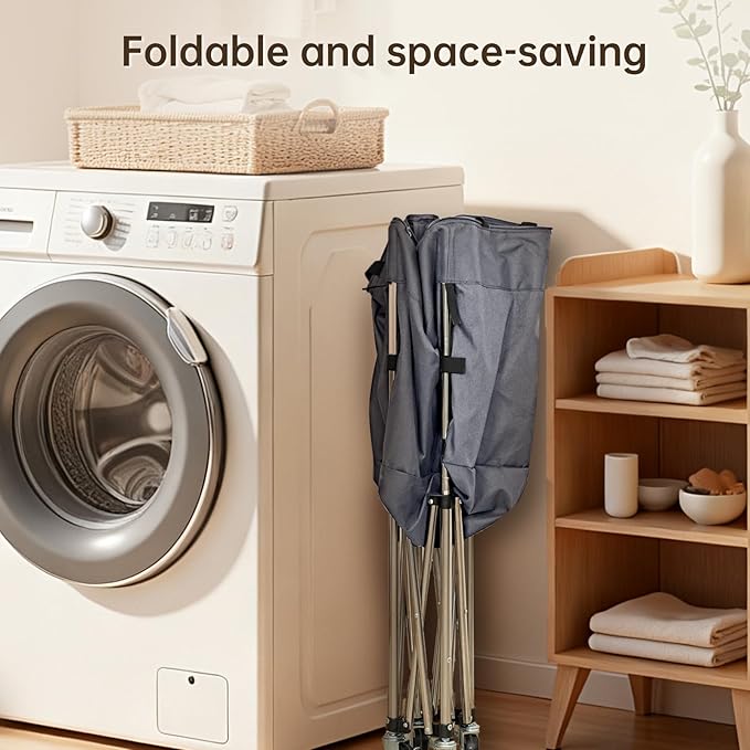 Laundry Cart with Wheels, 35.9"H Stand-Up No-Bend Rolling Laundry Basket, Locking Brakes, 360 Swivel Rubber Wheels, Fold-Flat Space-Saving Stainless Steel Frame, Removable Washable 600D Oxford Bag