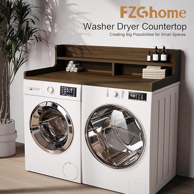 Washer Dryer Countertop, 54" x 27.55" 2-Tier Washer Dryer Topper with Edge, for Laundry Room Organization Walnut Brown