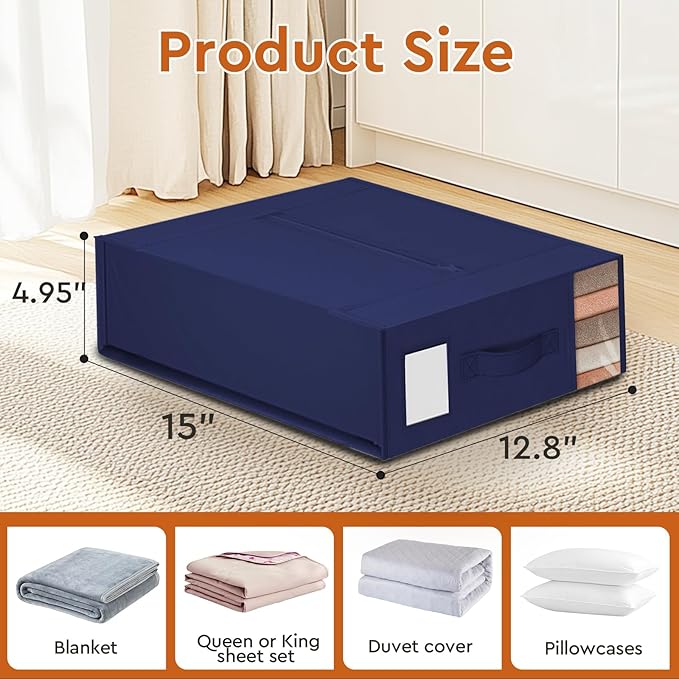 6 Pack Bed Sheet Closet Organizers and Storage,Sturdy Foldable Storage Containers with Window and Label,Storage and Organization for Bedding Sheets,Duvet Covers,Blankets (Blue)