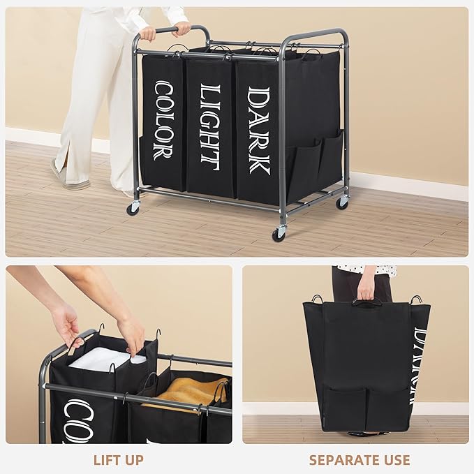 STORAGE MANIAC 3 Section Laundry Sorter, 35.9 Gal (136 L) Laundry Hamper Cart with Heavy Duty Rolling Lockable Wheel and Removable Bag, Clothes Organizer Basket Clothes Separator Hamper, Label Black