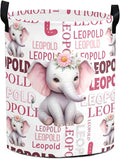 Large Custom Name Laundry Hamper, Elephant Personalized Dirty Clothes Hamper Storage Basket with Name for Bathroom Bedrooms, Customized Name Circular Hamper with Handles for Baby Boys Girls Men Women
