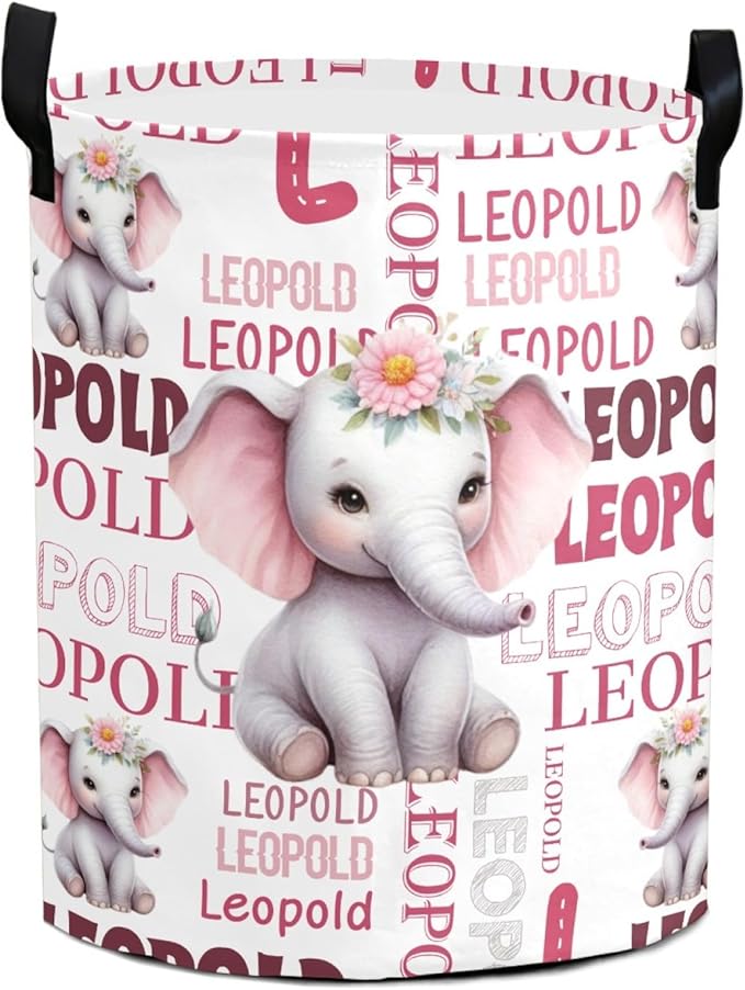 Large Custom Name Laundry Hamper, Elephant Personalized Dirty Clothes Hamper Storage Basket with Name for Bathroom Bedrooms, Customized Name Circular Hamper with Handles for Baby Boys Girls Men Women
