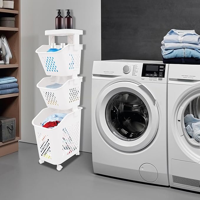 3 Tiers Rolling Laundry Hamper, White Plastic Laundry Basket Holder with Wheels, Vertical Laundry Hamper Sorter Cart, Rolling Clothes Hamper Organizer for Bathrooms Bedrooms