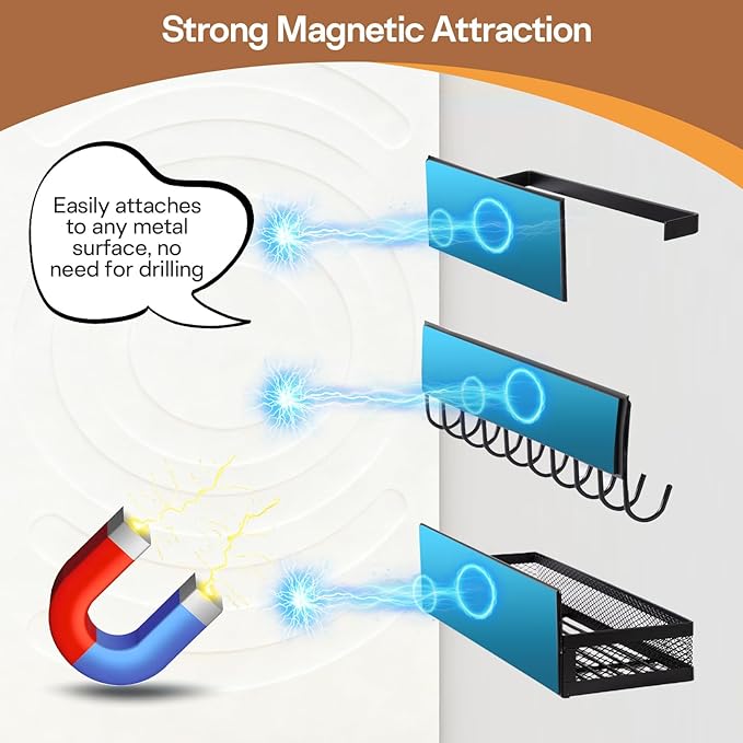 5 Pack Magnetic Shelves for Fridge and Washing Machine, Magnetic Laundry Organizer, Magnetic Spice Rack for Refrigerator with Versatile Hooks, Paper Towel Holder and Metal Storage Baskets