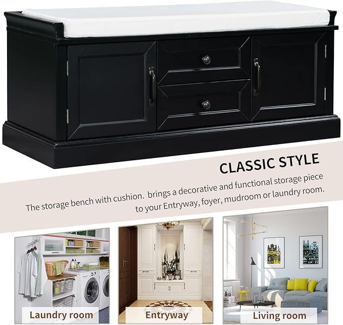 Knocbel 42.5" Entry Storage Bench with Removable Cushion, 2 Drawers and 2 Cabinets, Entryway Hallway Foyer Shoe Bench End of Bed Bench with Aluminum Handles, 200lbs Weight Capacity (Black)