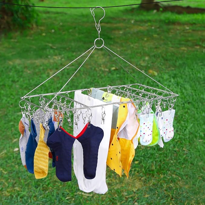 2 Pack Large Collapsible Clothes Drying Hanger, Stainless Steel Metal Laundry Drying Rack for Sock, Diapers, Underwear, Lingerie, Hat, Mask and Herbs (Total 104 Clips)
