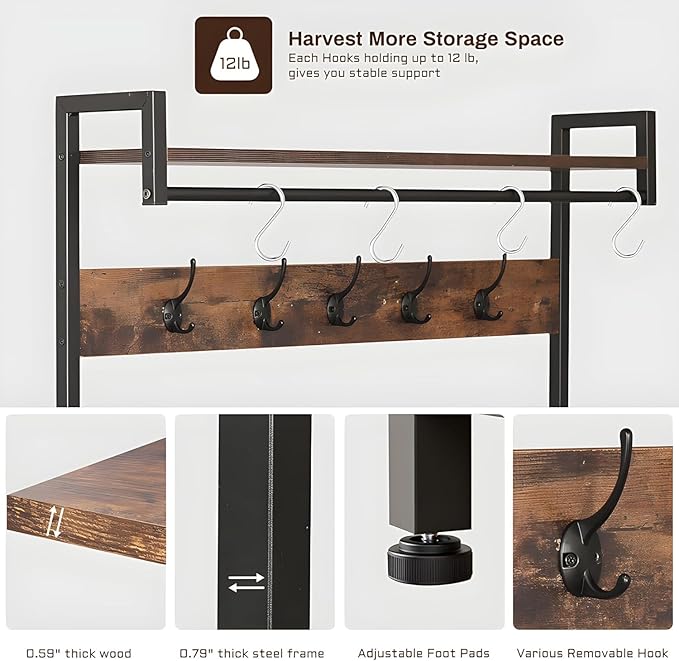 Hall Tree With Bench and Shoe Storage, 5 in 1 Entryway With Coat Rack, 71'' Industrial Wooden Metal Coat Tree With 14 Hooks, Shoe Storage and Wall Rack for Hallway Mudroom Bedroom (Rustic Brown)