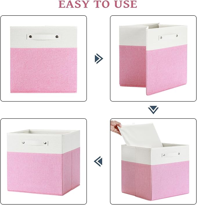 13 x 13 Inch Fine Linen Storage Bins with Handles，Fabric Cube Boxs，Basket Organizers for Shelves for Home, Closet Drawers (White/Pink-6 Pack)