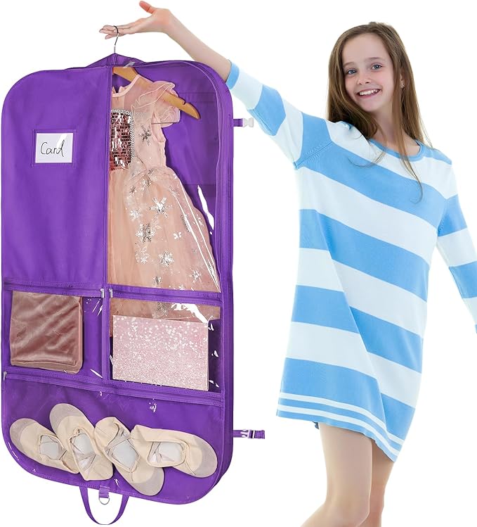 Univivi 40 Inch Kids Garment Bags for Dance Costumes, 3 Medium Clear Zipper Pockets and 2 Back Zippered Pockets for Hanging Clothes, Travel Storage - Dark Purple