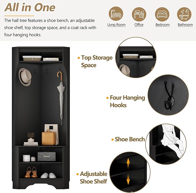 LUMISOL Modern Corner Hall Tree with Shoe Bench for Entryway, Mudroom Coat Rack with 4 Hooks, Corner Cabinet with Adjustable Shelf for Living Room Hallway, Black
