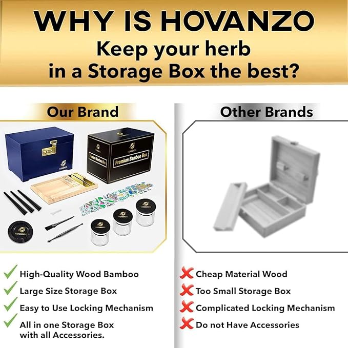 HOVANZO Premium Large Bamboo Storage Box with Removable Tray - Storage Wood Box for Herbs and Accessories - Storage Box Set with Combination Lock - Smell Proof Container with Accessories
