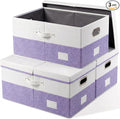 PRANDOM Storage Bins with Lids [3-Pack] Linen Fabric Foldable Storage Boxes Organizer Containers Baskets Cube with Cover for Bedroom Closet Office White&Purple (23.4X15.9X11.4)