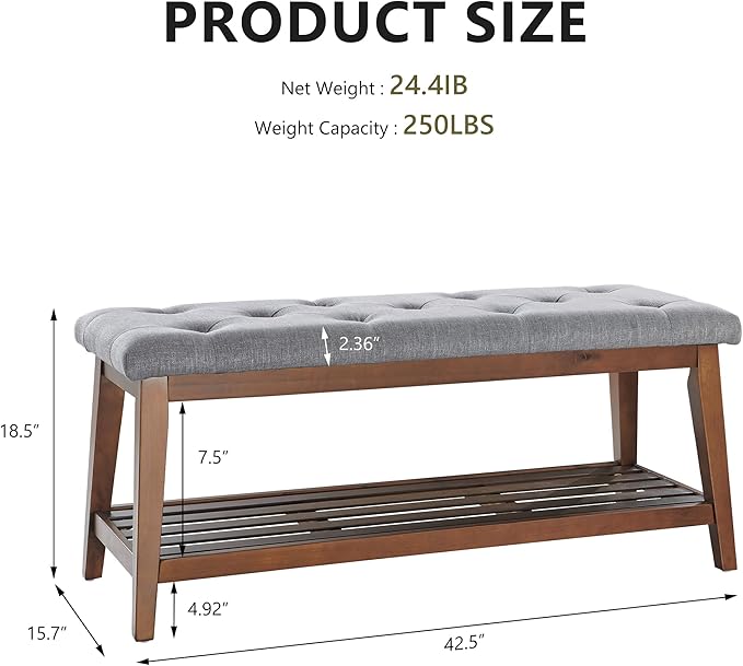 Upholstered Bench for Bedroom End of Bed,42.5-inch Entryway Bench for Living Room,Dining Bench with Padded Seat and Solid Wood Leg for Kitchen Bedroom,Indoor and Hallway (Shoe Bench, Grey)