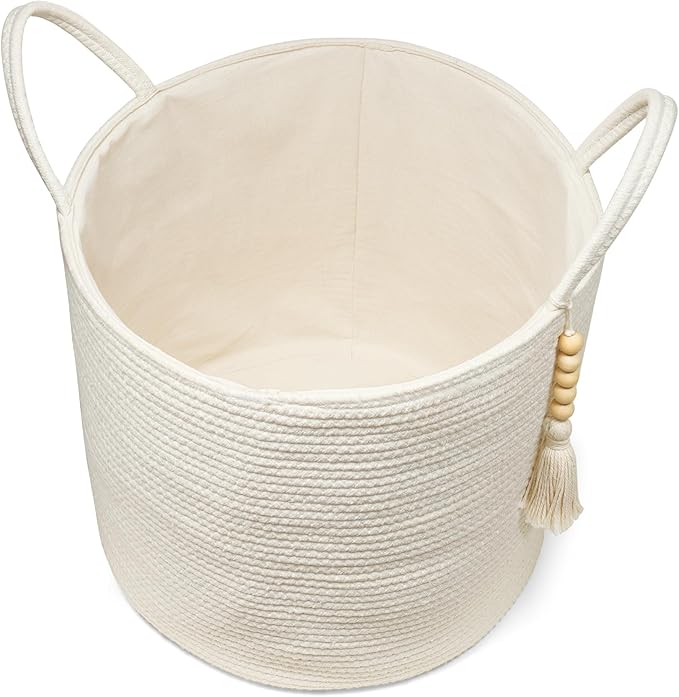 Mkono Woven Storage Basket Decorative Natural Rope Basket Wooden Bead Decoration for Blankets,Toys,Clothes,Shoes,Plant Organizer Bin with Handles Living Room Home Decor, White, 16" W × 13.8"L