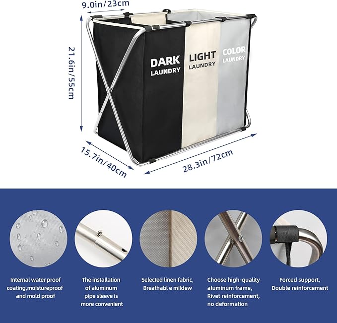 135L Laundry Cloth Hamper Sorter Basket Bin Foldable 3 Sections with Aluminum Frame 26''×24''H Washing Storage Dirty Clothes Bag for Bathroom Bedroom Home Storage Basket (Black+light grey+dark grey, 3