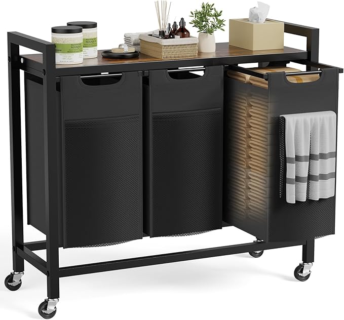 NEWBULIG Rolling Laundry Hamper with Removable Pull-Out Bag, Freestanding Clothes Basket Organizer with Wheels for Bathroom & Bedroom, 3 × 10.8 Gal (123L) - Rustic Brown & Black