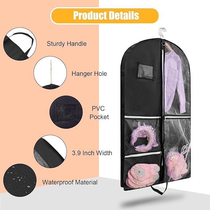 Dance Costume Bag, Garment Bags 40 Inch for Dance Competitions, Garment Bags for Travel, Portable Foldable Dust-Proof Storage Bags for Coats,5 Clear Zipper Pockets,suitable to Gowns,Dresses(black)