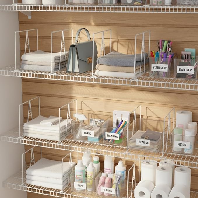 Wire Shelf Dividers - White Closet Organization & Storage Organizer - No Tool Shelf Divider for Wire Shelves - Metal Shelf Accessories – for 12“ Deep Wire Shelves – Tall 12” Height – 10 Pack