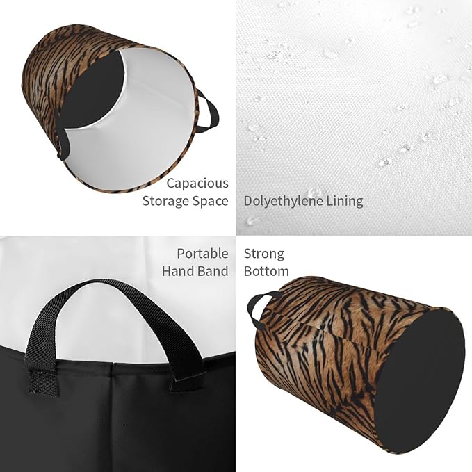 Tiger Texture Round Laundry Hamper Natural Animal Skin Print Storage Basket Toys Clothes Organizer Bin For Home Bathroom Bedroom Dorm Nursery, 38l