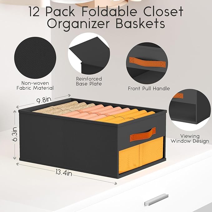 Drawer Organizers and Storage - 12 Pack Foldable Pants Organizer with Clear Window & Handles, Fabric Closet Organizer for Clothes, Jeans, Sweaters, Towels, T-shirt, Scarf (Black)