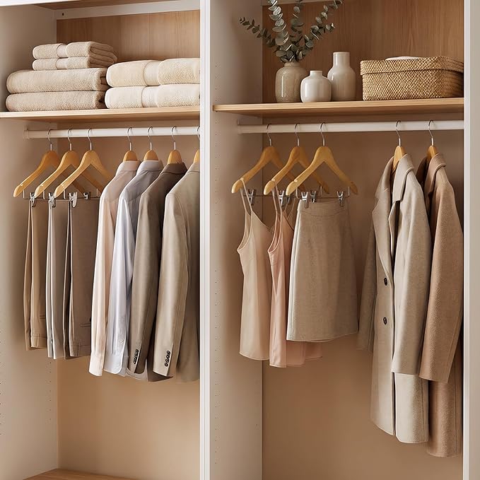 HOUSE DAY 24 Pack High-Grade Wooden Suit Hangers Skirt Hangers with Clips Solid Wood Pants Hanger Natural Smooth Finish Premium Wood Hanger with Durable Metal Clips for Blouse, Dress, Coat, Jacket