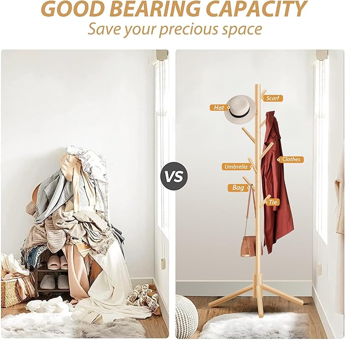 Durable Wooden Coat Rack, Freestanding Coat Rack with Stable Triangular Base, 8 Hooks & 3 Adjustable Heights, Simple Assembly for Bedroom, Hallway, Office(New Nature)