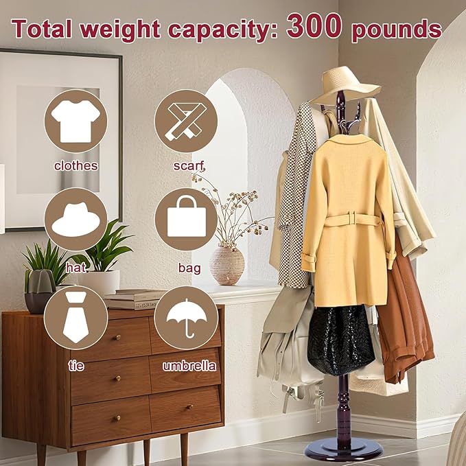 Wood Coat Rack Freestanding with 14 Hooks, 73 Inches Adjustable Height Coat Rack Stand, Vintage Hall Tree Coat Racks with Stable Round Base for Entryway, Bedroom (Solid Wood Fenghuang Gou)
