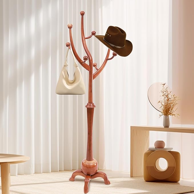 Coat Tree Freestanding Wood Tree Rack, Heavy Duty Creative Design Tree Branch-look Coat Rack Stand with 8 Hooks and Stable Sphere Base for Entryway, Hallway, Bedroom-Load 110lbs (Teak)